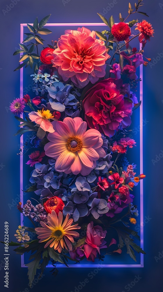 Obraz premium Vibrant floral arrangement with various flowers illuminated by neon lights, creating a striking and colorful composition.