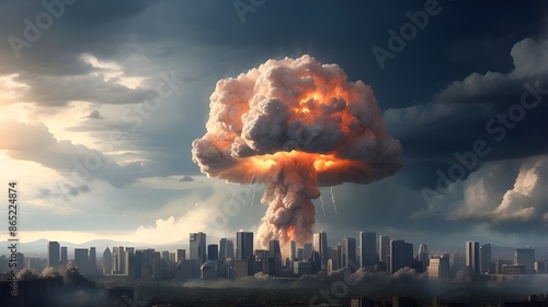 large-scale nuclear explosion with a mushroom cloud effect over the city skyline for the cataclysmic fallout from nuclear war or the deployment of weapons of mass devastation photo