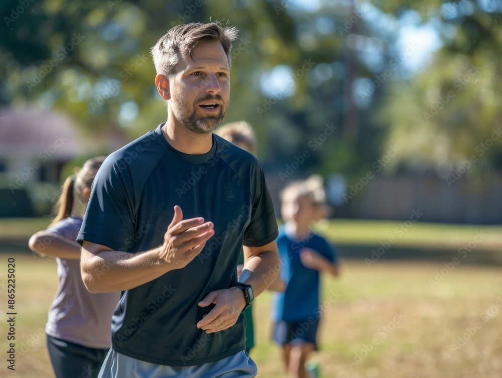 A portrait of a male teacher leading a physical education class outdoors A portrait of a male teacher leading a physical education class outdoors