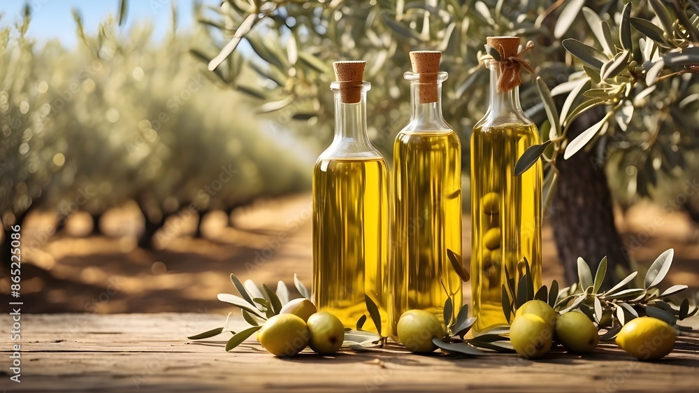 In the center of a rural olive field in the morning sunlight, golden olive oil bottles with fruits and leaves arranged as a broad banner with copyspace area In the center of a rural olive field in the morning sunlight, golden olive oil bottles with fruits and leaves arranged as a broad banner with copyspace area