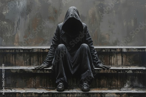 Hooded Figure Sitting on Concrete Steps in a Gloomy City photo