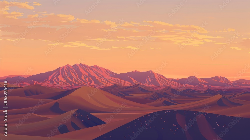 Naklejka premium Serene desert landscape with sand dunes, brilliant sunset in orange and pink hues, clear sky with scattered clouds, mosaic style.