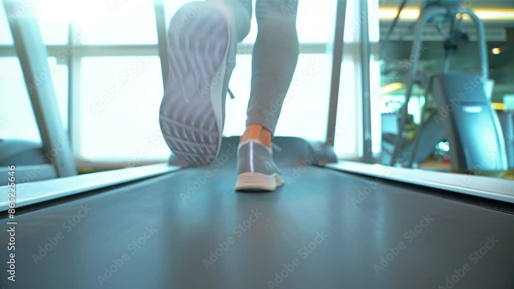 Woman running on treadmill in gym. Fitness girl running fast on track treadmill in fitness club. Woman running on treadmill in gym. Fitness girl running fast on track treadmill in fitness club.