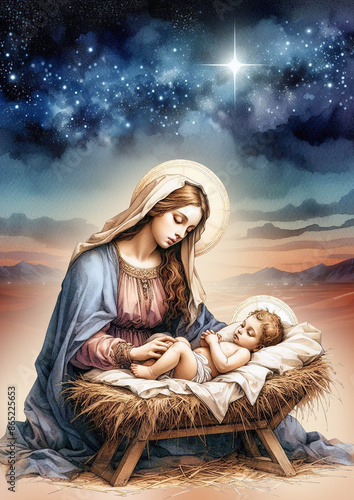Virgin Mary and newborn baby Jesus in a manger. Bethlehem, Christmas. Watercolor illustration.  Vertical, poster