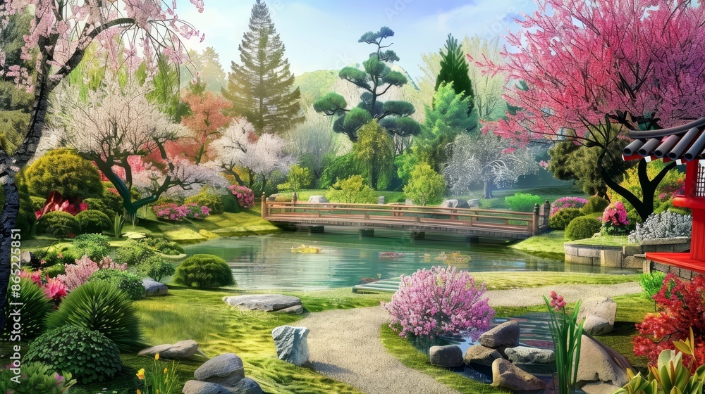 Obraz premium Tranquil Japanese garden in spring with cherry blossoms, pond, bridge, winding path, watercolor landscape