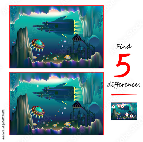 Find 5 differences. Illustration of fantasy journey on an alien planet in the universe. Logic puzzle game for children and adults. Educational page for kids brain teaser book. Vector drawing.