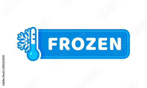 Blue frozen cold product icon, ice crystal label and badge for refrigerated food production or frosty cold preservation items. Isolated vector thermometer, snowflake or frost symbol for packages