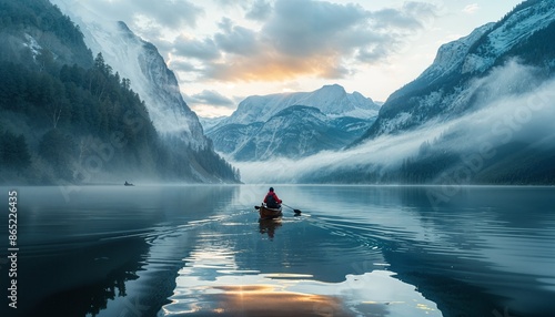 Fototapeta Naklejka Na Ścianę i Meble -  a person in a canoe on a lake with mountains in the background
