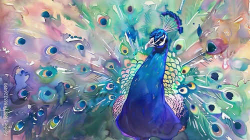 Whimsical watercolor painting of majestic peacock displaying iridescent feathers, full frame.