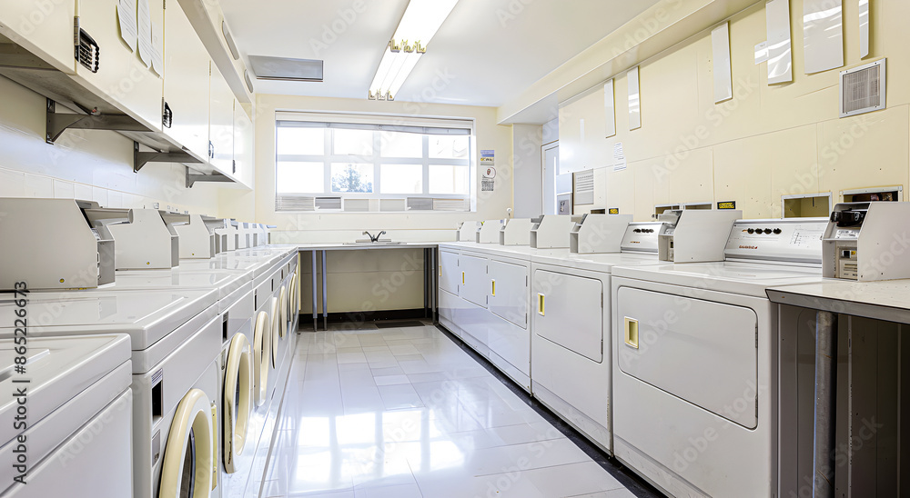 Bright and clean laundry room with rows of washers and dryers. Bright and clean laundry room with rows of washers and dryers.