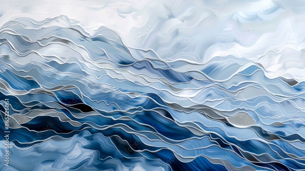 Abstract ocean-inspired art with fluid blue gradients and silver accents depicting water movement.