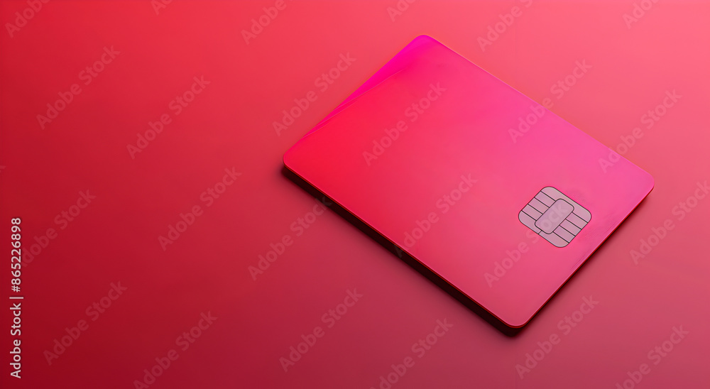 Magenta colored credit card on a red background. Copy space.