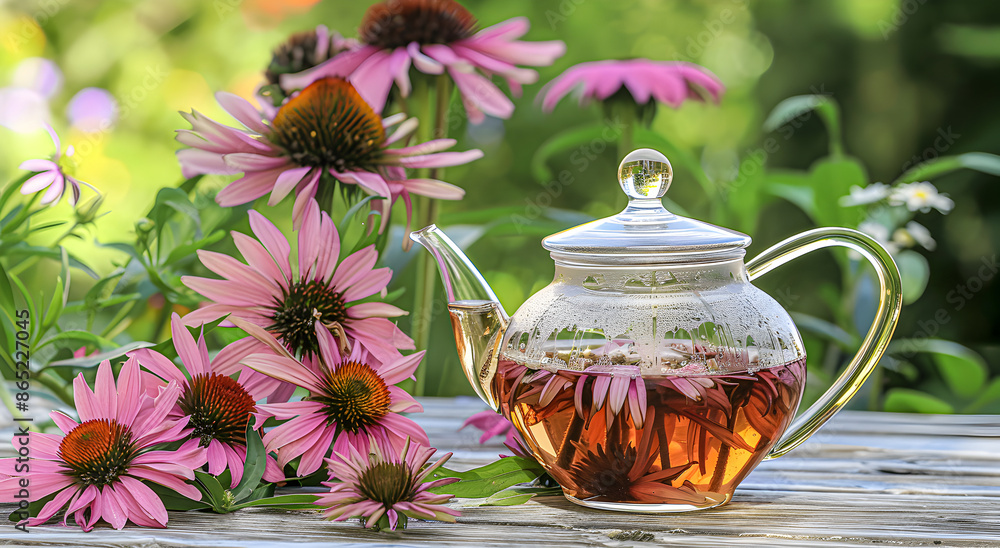 Echinacea tea is brewed in a clear teapot. Echinacea tea is brewed in a clear teapot.