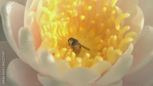 Common Banded Hoverfly (Syrphus ribesii) female struggling to escape from a water lily flower due to its slippery anthers. July, Kent, UK. [Slow motion x5] (she did get out eventually!) photo