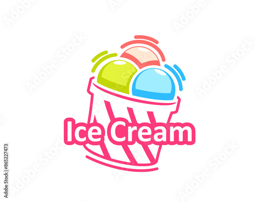 Gelato dessert, scoop ice cream cup icon of sweet summer snack food. Ice cream shop vector label with melted scoop balls of italian gelato, sundae or sorbet dessert served in paper bucket