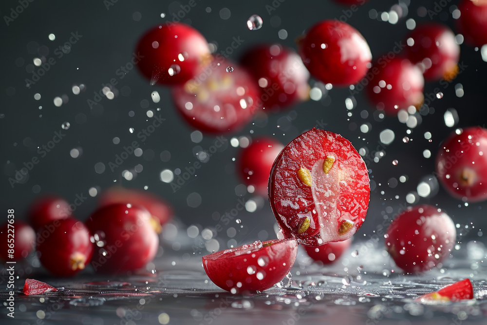 Red Grape Halves in Mid Air with Water Droplets Against Dark Background Red Grape Halves in Mid Air with Water Droplets Against Dark Background