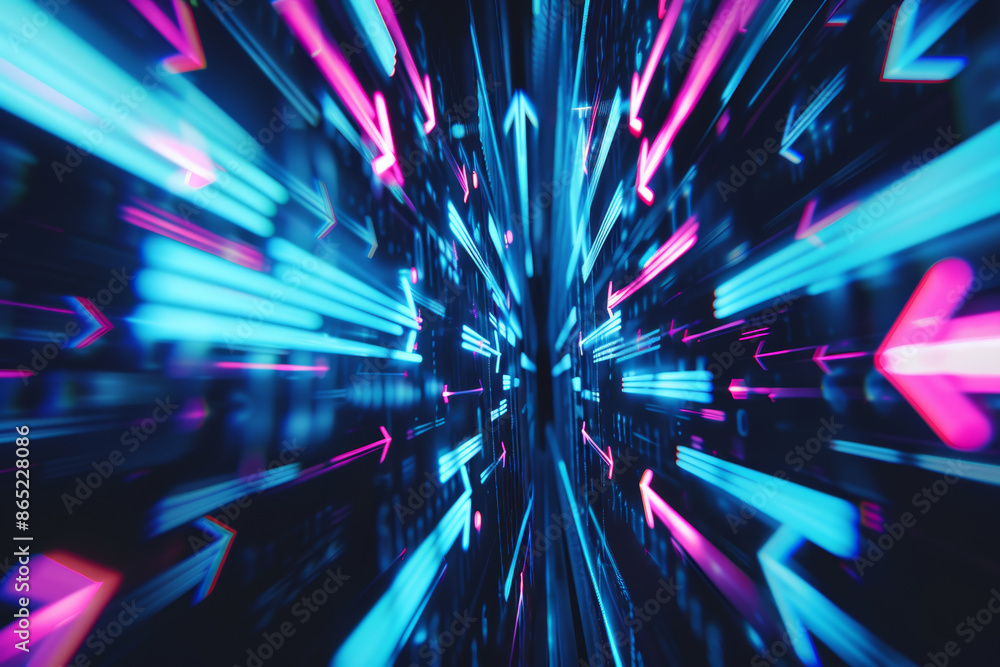 Dynamic Neon Light Arrows with Futuristic Abstract Background in Blue and Pink Colors Dynamic Neon Light Arrows with Futuristic Abstract Background in Blue and Pink Colors