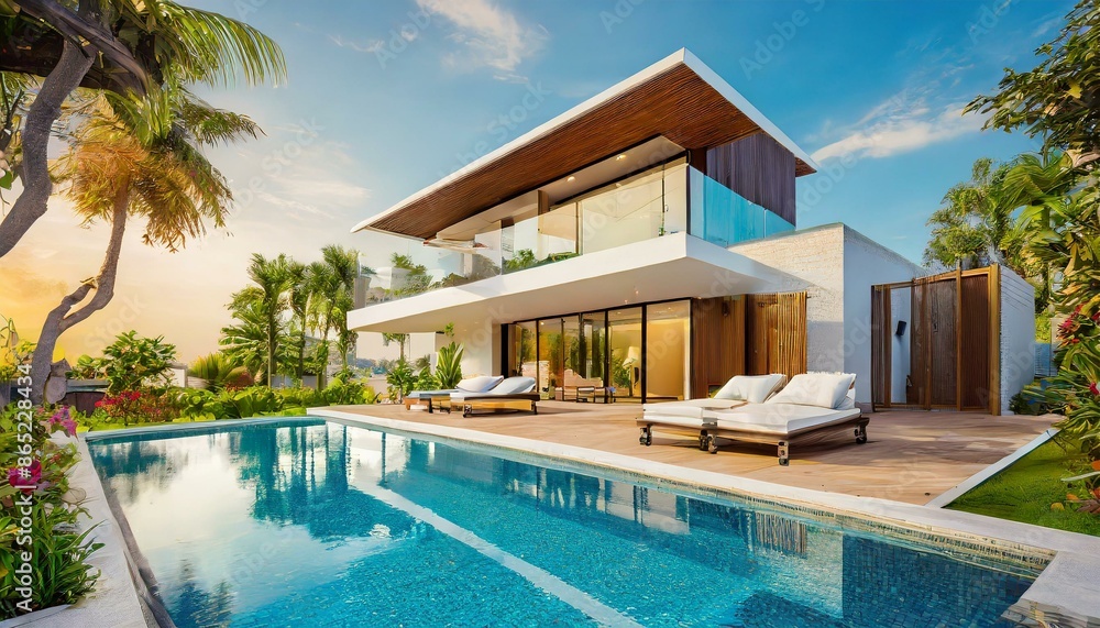 Flat roof house with parking and pool for sale or rent with concrete facade and beautiful landscaping. Clear summer evening with cozy light Flat roof house with parking and pool for sale or rent with concrete facade and beautiful landscaping. Clear summer evening with cozy light