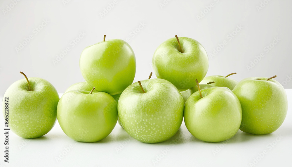 Pile of tart green apples on plain white background. Pile of tart green apples on plain white background.