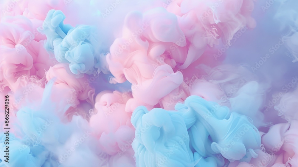Fototapeta premium Abstract close-up of swirling pink and blue cotton candy dream background evoking childhood fairground memories with soft, pastel colors.