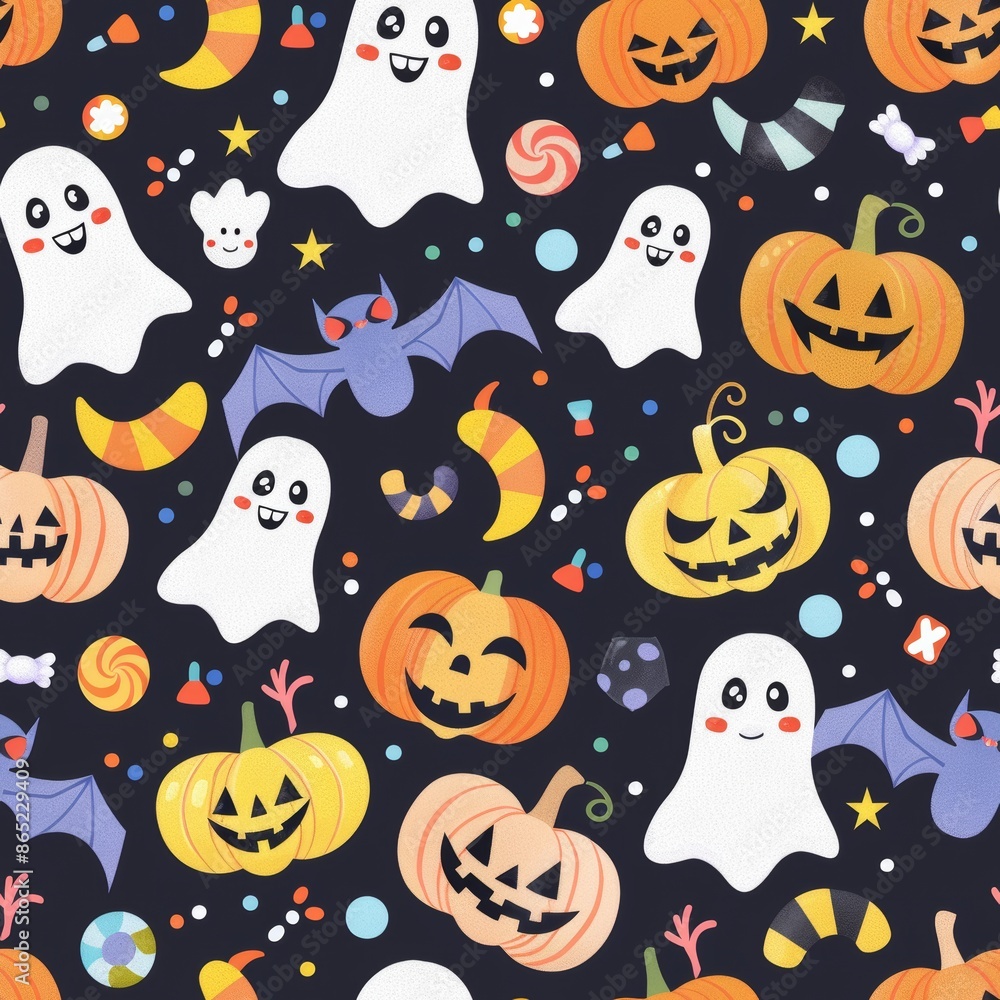 Halloween vector pattern with cute pumpkins, friendly ghosts, candy in vibrant colors, seamless tiling Halloween vector pattern with cute pumpkins, friendly ghosts, candy in vibrant colors, seamless tiling