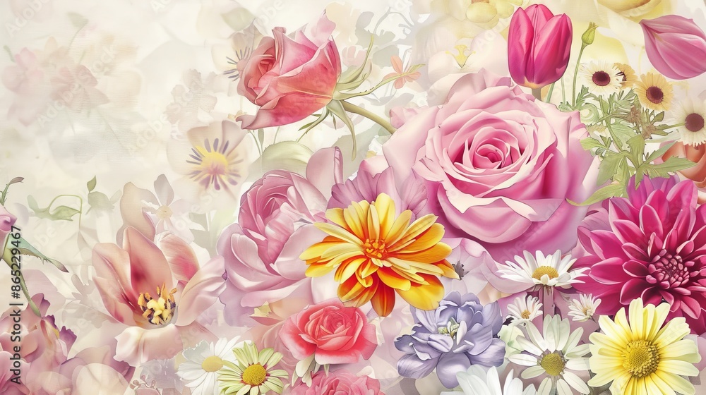 Colorful bouquet of roses, tulips, and daisies in delicate watercolor style, full frame view. Colorful bouquet of roses, tulips, and daisies in delicate watercolor style, full frame view.