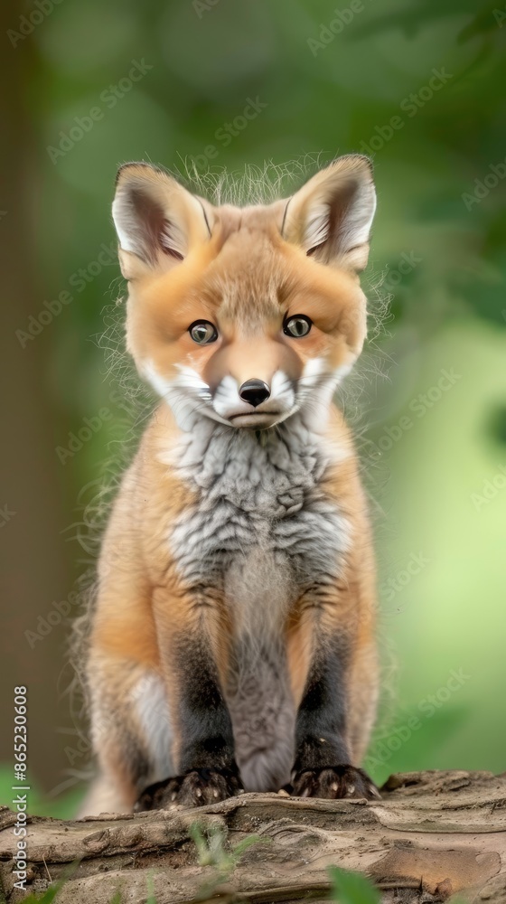 Fototapeta premium A young red fox kit sits on a log in a forest, its orange fur blending with the green foliage