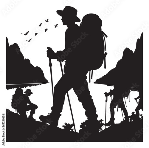 Hiker silhouette of a trekking Hiker vector on isolated white background.