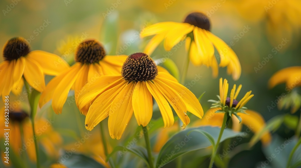 Distinguished bright yellow cone shaped blossoms of rudbeckia Distinguished bright yellow cone shaped blossoms of rudbeckia