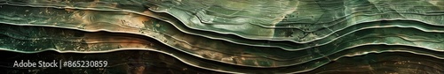 Detailed abstract image with layered green and brown textures, accented with gold highlights, forming an organic pattern reminiscent of geological layers. photo