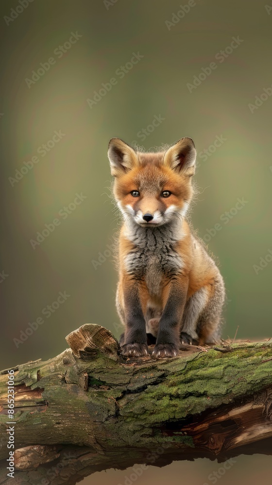 Naklejka premium A young red fox kit sits on a log in a forest, its orange fur blending with the green foliage