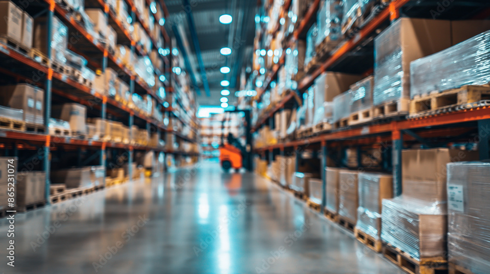 Retail warehouse full of shelves with goods in cartons, with pallets and forklifts. Logistics and transportation blurred background. Product distribution center Retail warehouse full of shelves with goods in cartons, with pallets and forklifts. Logistics and transportation blurred background. Product distribution center
