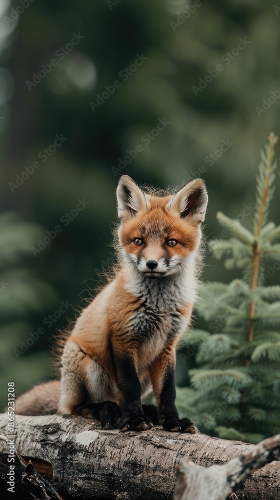 Naklejka premium A young red fox kit sits on a log in a forest, its orange fur blending with the green foliage
