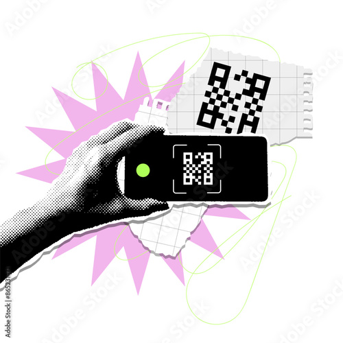 Female hand holding phone with qr code in a vintage grunge halftone collage style and scraps of torn paper on the background. Banner trendy retro Y2K design with torn pieces of paper notes. Vector