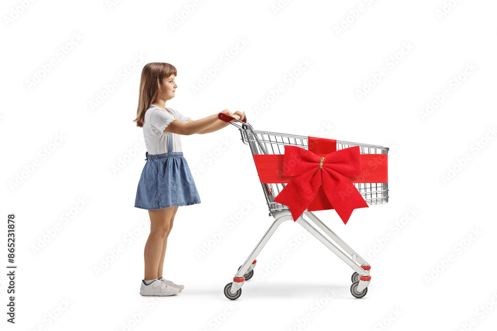 Little girl with an empty shopping cart tied with a red ribbon
