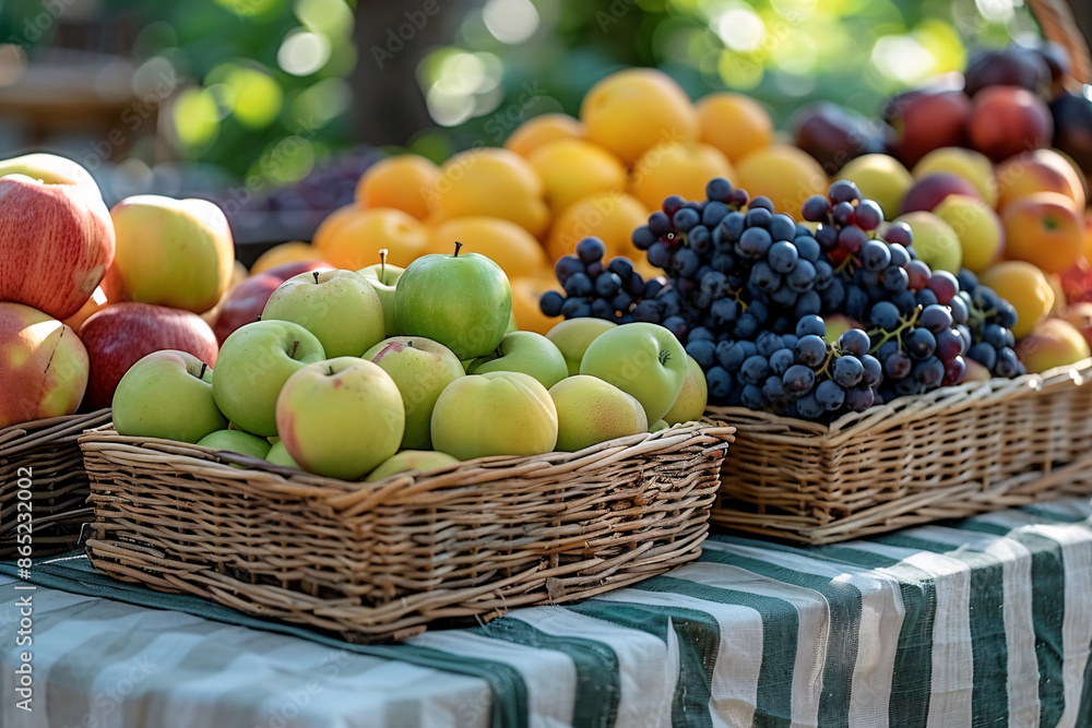 A vibrant baskets of apples, grapes, and peaches on a striped cloth, set in a sunlit, serene outdoor market scene A vibrant baskets of apples, grapes, and peaches on a striped cloth, set in a sunlit, serene outdoor market scene