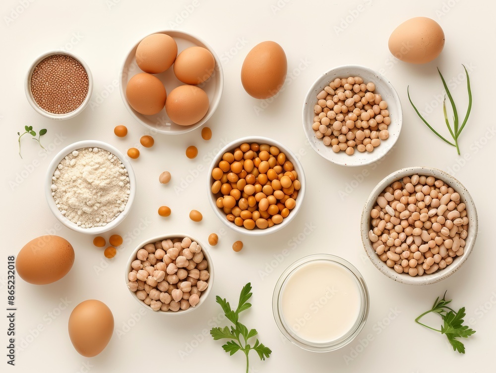 Nutritious Protein-Sourced Foods Display with Eggs, Fish, Legumes, and Protein Drink for a Healthy Diet Nutritious Protein-Sourced Foods Display with Eggs, Fish, Legumes, and Protein Drink for a Healthy Diet