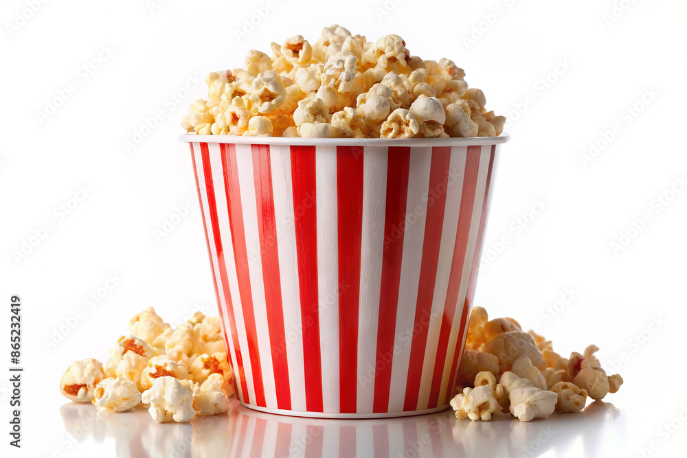 Popcorn delicious in a paper striped red cup on a white background, isolate Popcorn delicious in a paper striped red cup on a white background, isolate