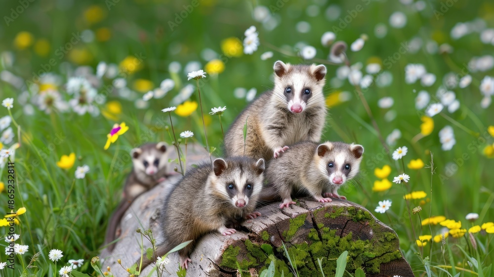 Obraz premium A group of four young Asian palm civets are playing on a fallen log in a field of wildflowers
