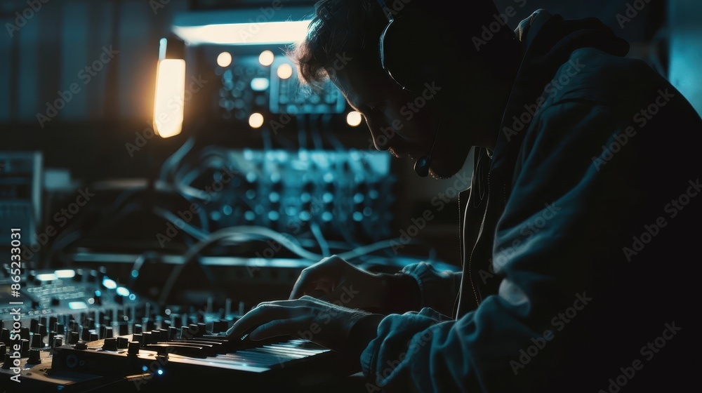 Man in a dark room is playing a MIDI keyboard with headphones on, surrounded by audio equipment including mixers, knobs, and LED-lit panels Man in a dark room is playing a MIDI keyboard with headphones on, surrounded by audio equipment including mixers, knobs, and LED-lit panels