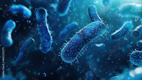 Rod-shaped bacteria with flagella, set against a dark blue background with lighter blue highlights and small bubbles, giving the impression of a liquid environment © Олег Фадеев