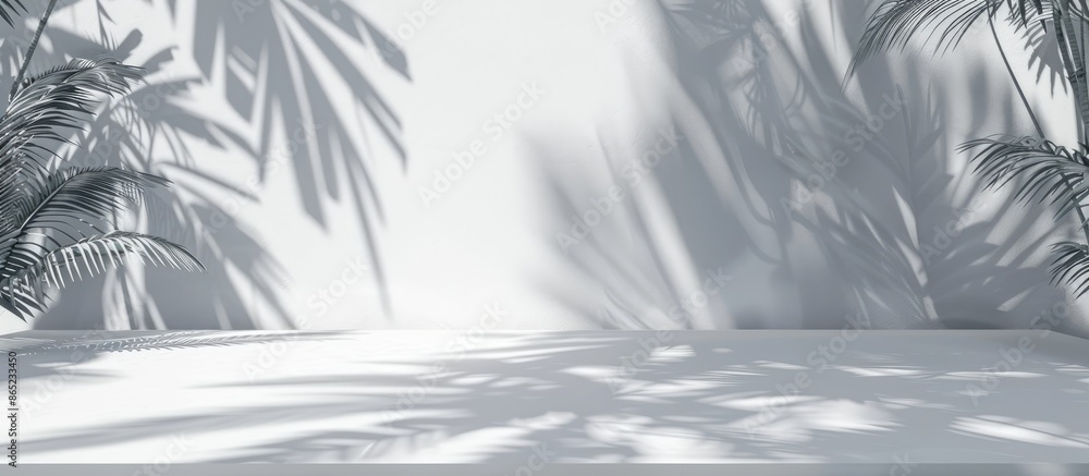 Abstract geometric wall background with floral and palm leaf shadows overlaid on a white table. Gray studio backdrop for product display in a 3-dimensional room with space for text. Concept of summer. Abstract geometric wall background with floral and palm leaf shadows overlaid on a white table. Gray studio backdrop for product display in a 3-dimensional room with space for text. Concept of summer.