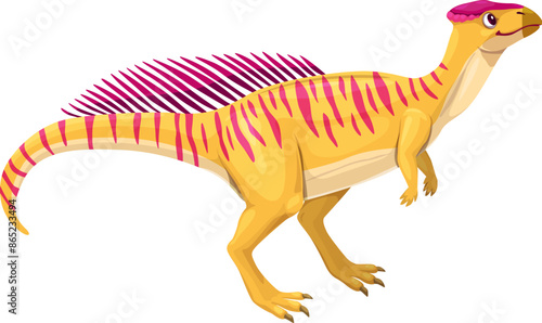 Cartoon wannanosaurus dinosaur character, jurassic period prehistoric animal. Vector personage of wannanosaurus lizard dino with funny tail and head crest. Prehistoric jungle forest stripped sauropod
