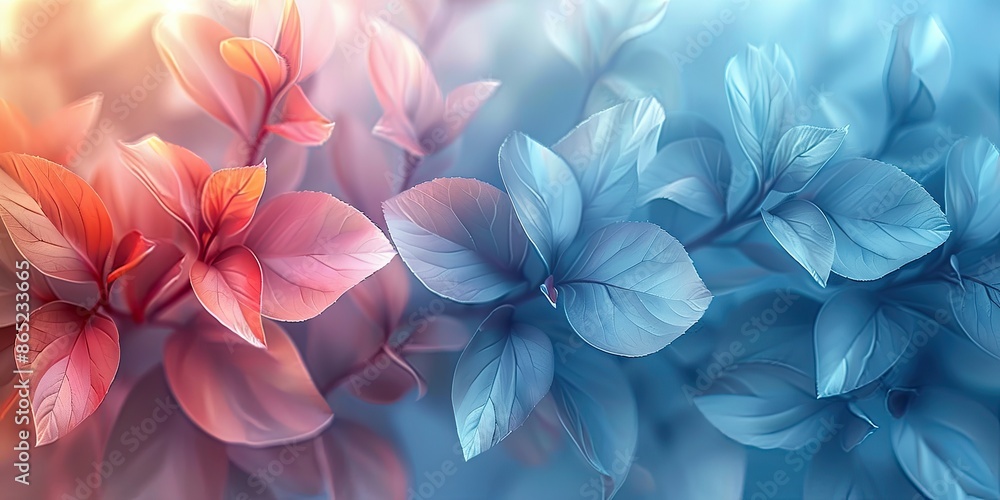 Delicate leaves in a gradient of warm pinks and cool blues, creating a harmonious and serene composition with a soft, dreamy background. Delicate leaves in a gradient of warm pinks and cool blues, creating a harmonious and serene composition with a soft, dreamy background.
