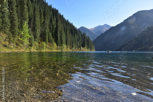 The beatiful Turquoise mountain Lake Issyk Kul close to Almaty in Kazakhstan