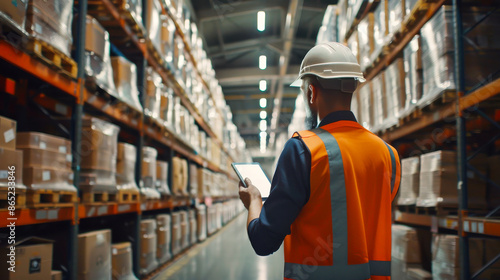 Warehouse Worker with Digital Tablet. A warehouse worker in a safety vest and helmet using a digital tablet to manage inventory in a large, organized warehouse, highlighting logistics and technology.