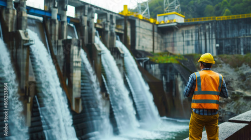 Engineer Inspecting Hydroelectric Dam. An engineer in a safety vest and helmet inspecting a hydroelectric dam, highlighting renewable energy, engineering, and environmental sustainability.