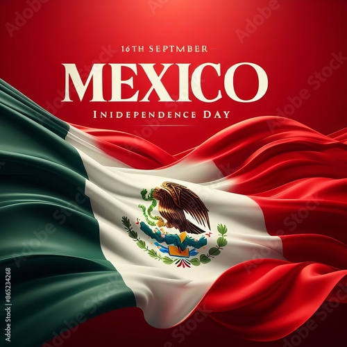 Happy Independence Day Mexico.A beautiful, flowing Mexico flag against a vibrant white background.