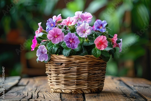 beautiful colorful flowers in wooden basket professional advertising food photography © NikahGeh