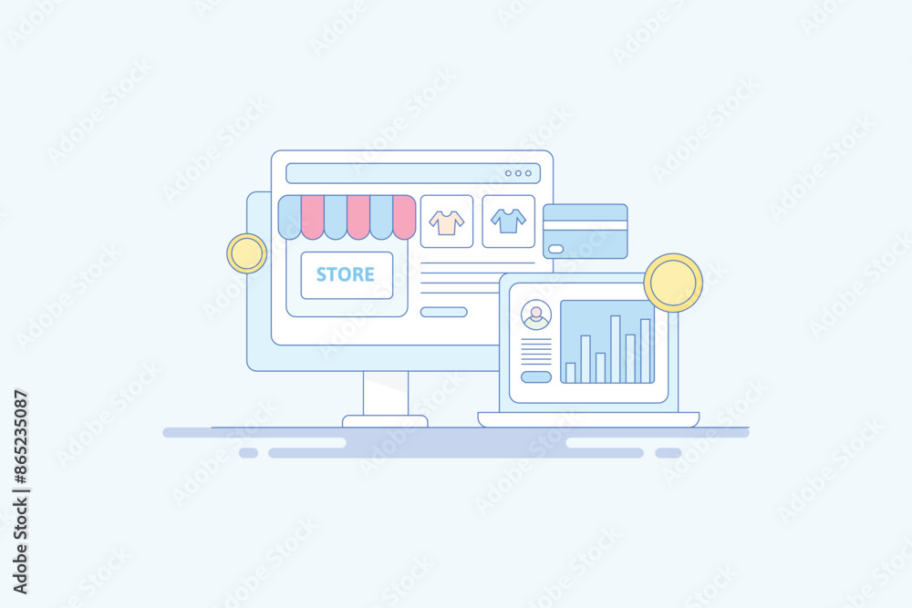 Ecommerce analytics software digital sales data monitoring, business technology vector illustration. Ecommerce analytics software digital sales data monitoring, business technology vector illustration.